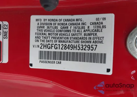 2009 Honda Civic Ex z USA, uszkodzony, nr VIN 2HGFG12849H532957